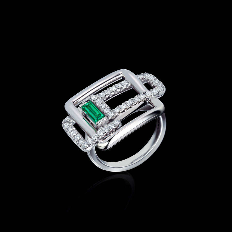 Affinity 3 Link Diamond and Green Emerald Ring in white gold by Stefano Canturi