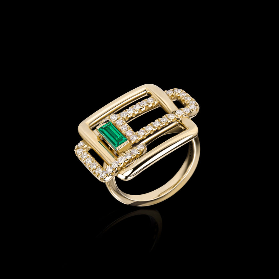 Affinity 3 Link Diamond and Green Emerald Ring in yellow gold by Stefano Canturi