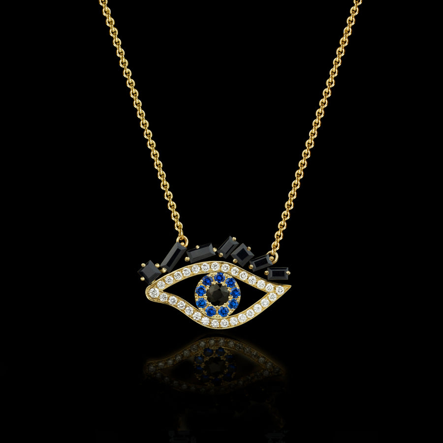 Cubism Eye pendant necklace set in 18ct yellow gold with Australian black sapphires, diamonds, spinel gemstones by Stefano Canturi.