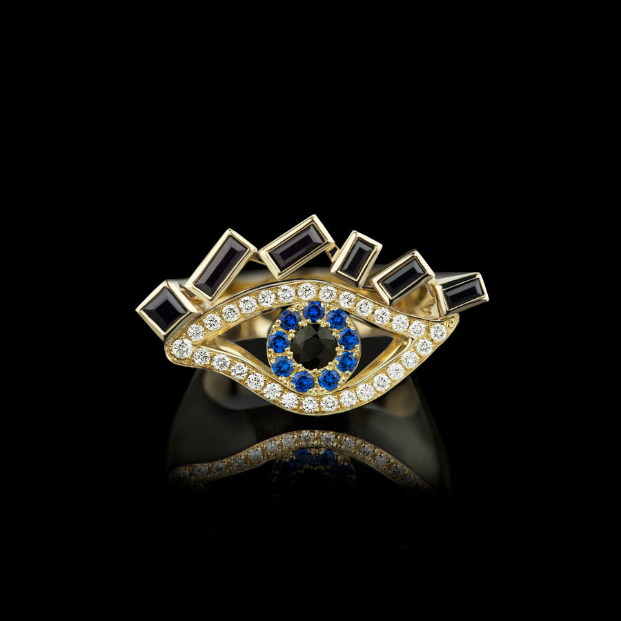 Cubism Eye ring set in 18ct yellow gold with Australian black sapphires, diamonds, spinel gemstones by Stefano Canturi.