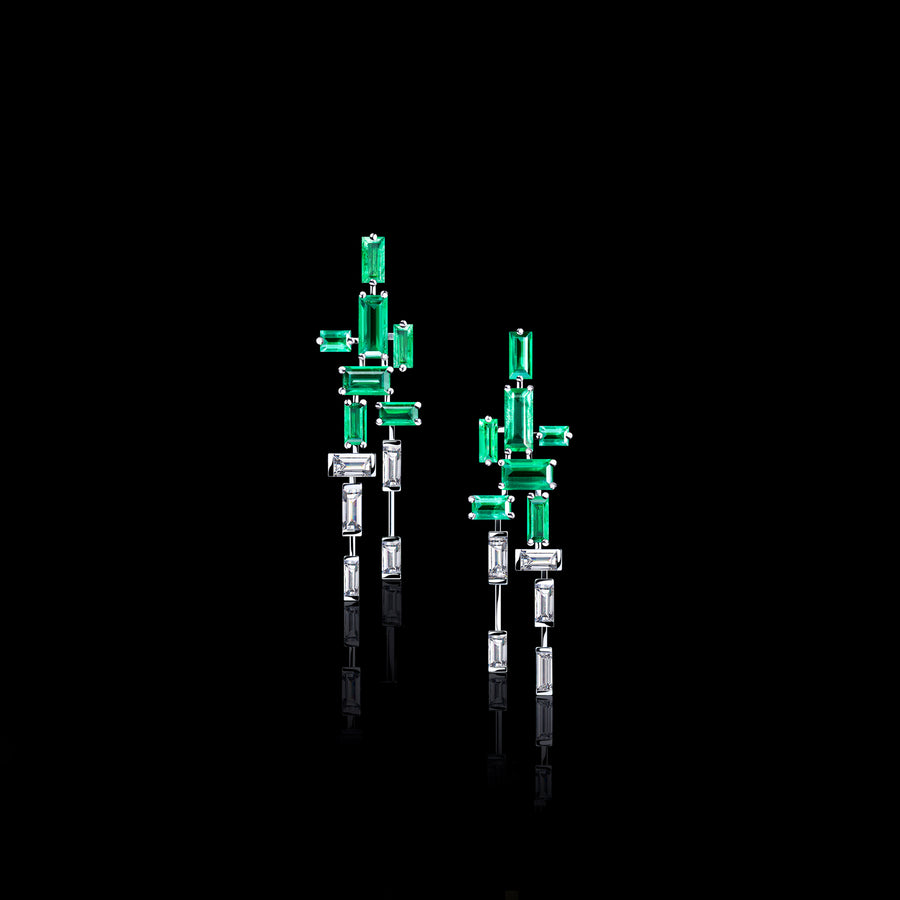 Cubism diamond and green emerald earrings in 18ct white gold by Stefano Canturi