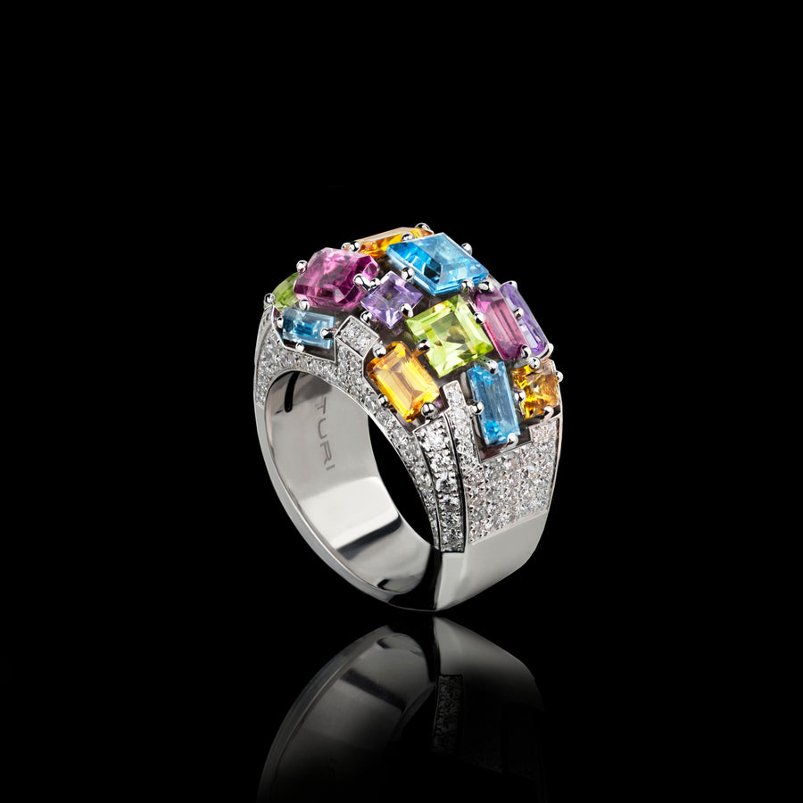 Cubism Colourburst Domed Diamond and Gemstone ring in 18ct white gold by Stefano Canturi