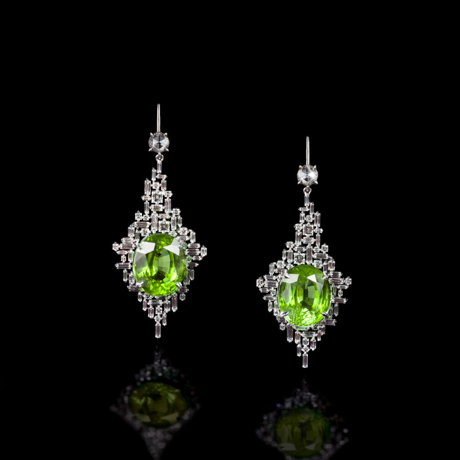 Cubism diamond and peridot earrings in 18ct white gold by Stefano Canturi