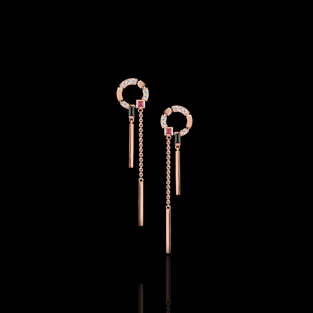 Regina Swing Earrings featuring diamonds, Australian black sapphires and rubies in 18ct Pink Gold by Stefano Canturi