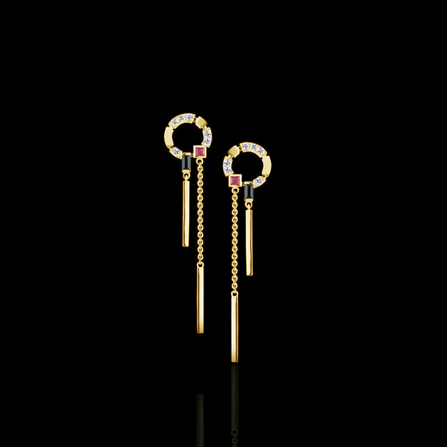Regina Swing Earrings featuring diamonds, Australian black sapphires and rubies in 18ct Yellow Gold by Stefano Canturi