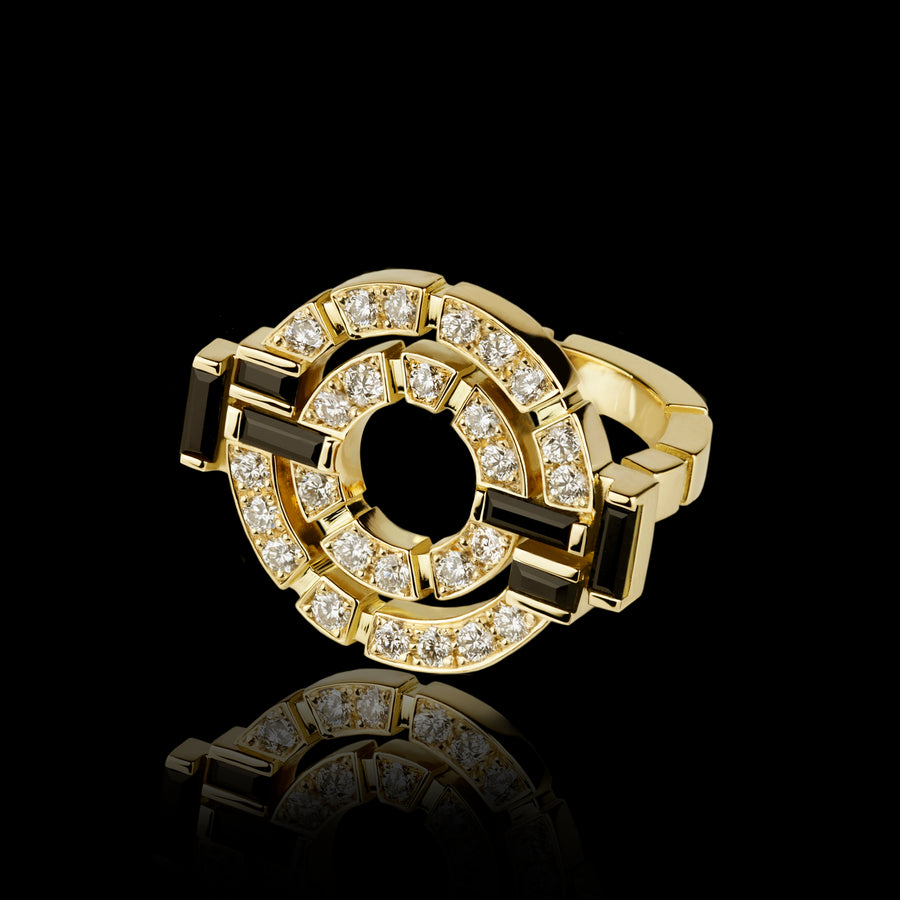 Regina double link diamond and Australian black sapphire ring in 18ct yellow gold by Stefano Canturi