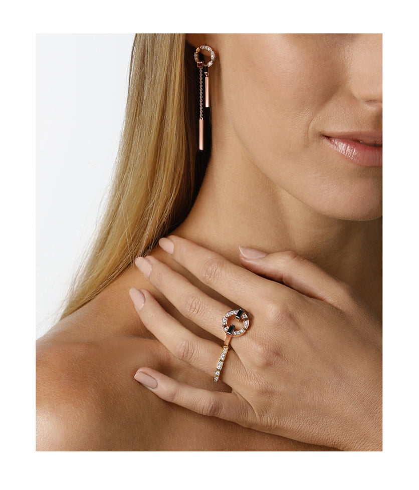Regina Swing Earrings featuring diamonds, Australian black sapphires and rubies in 18ct Pink Gold by Stefano Canturi