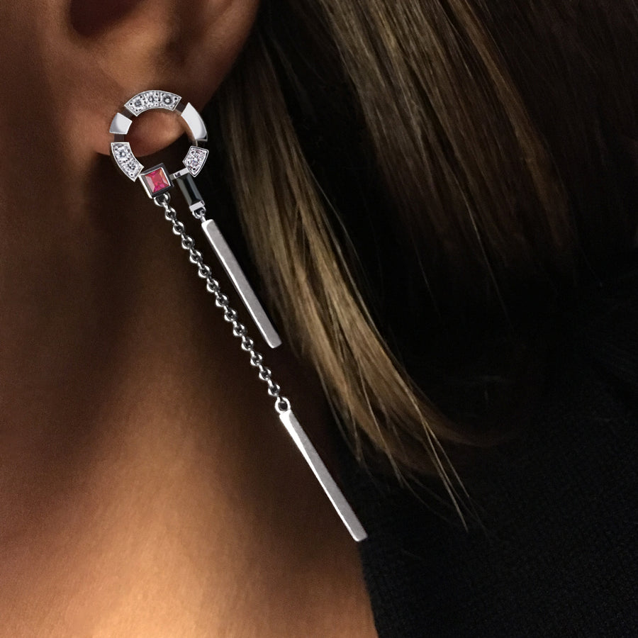 Regina Swing Earrings featuring diamonds, Australian black sapphires and rubies in 18ct White Gold by Stefano Canturi