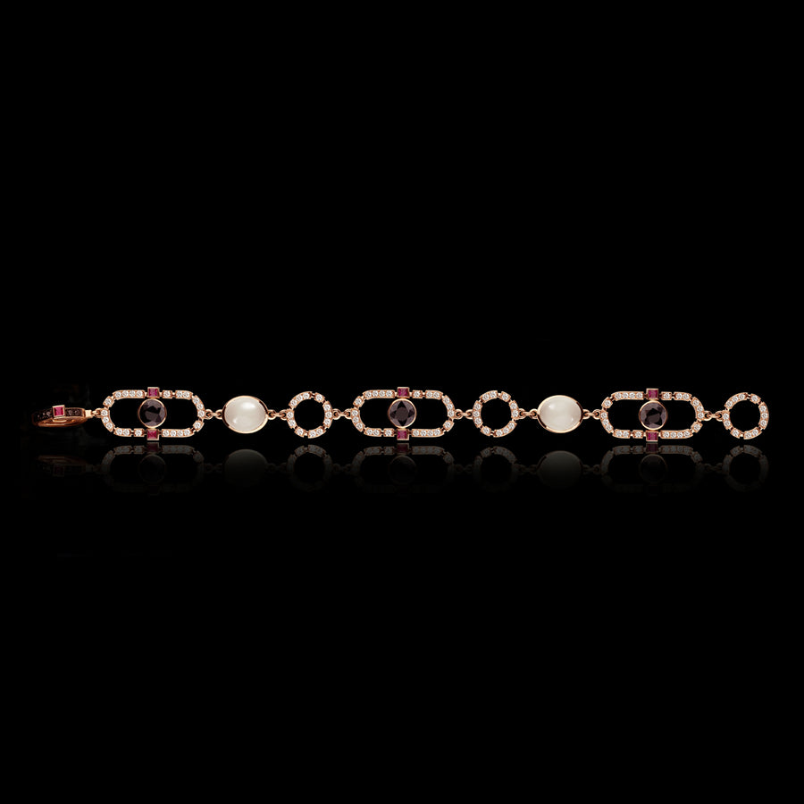 Regina diamond, ruby, Australian black sapphire, moonstone bracelet in 18ct pink gold by Stefano Canturi