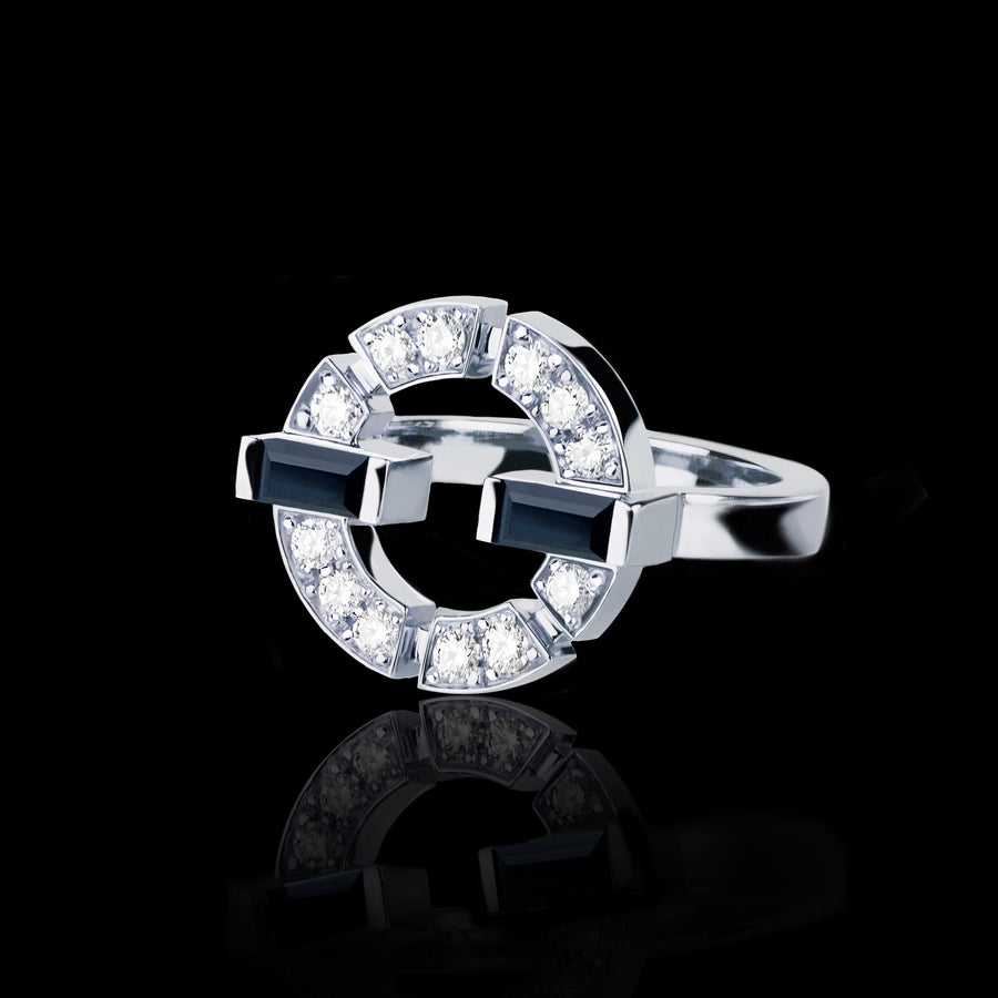 Regina Single Link Ring featuring diamonds and Australian black sapphires in White Gold by Stefano Canturi